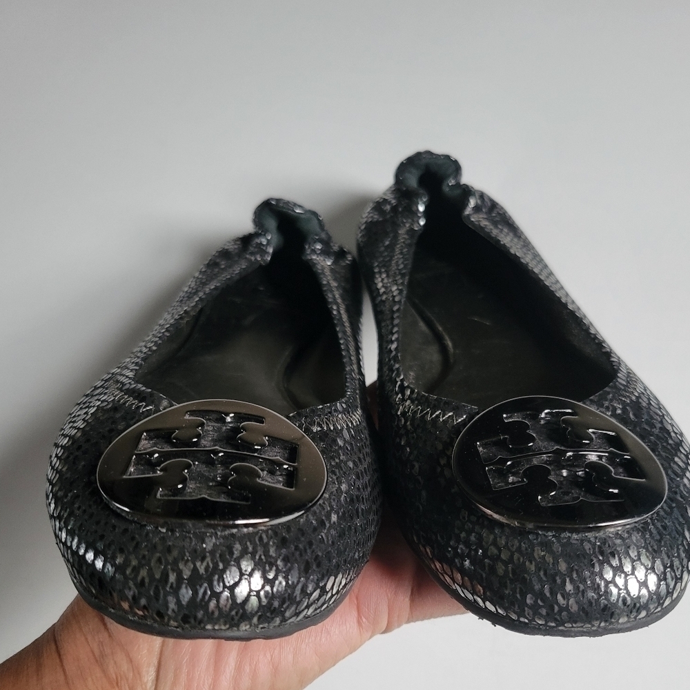 Tory Burch Black/Silver Python Print Reva Ballet … - image 5